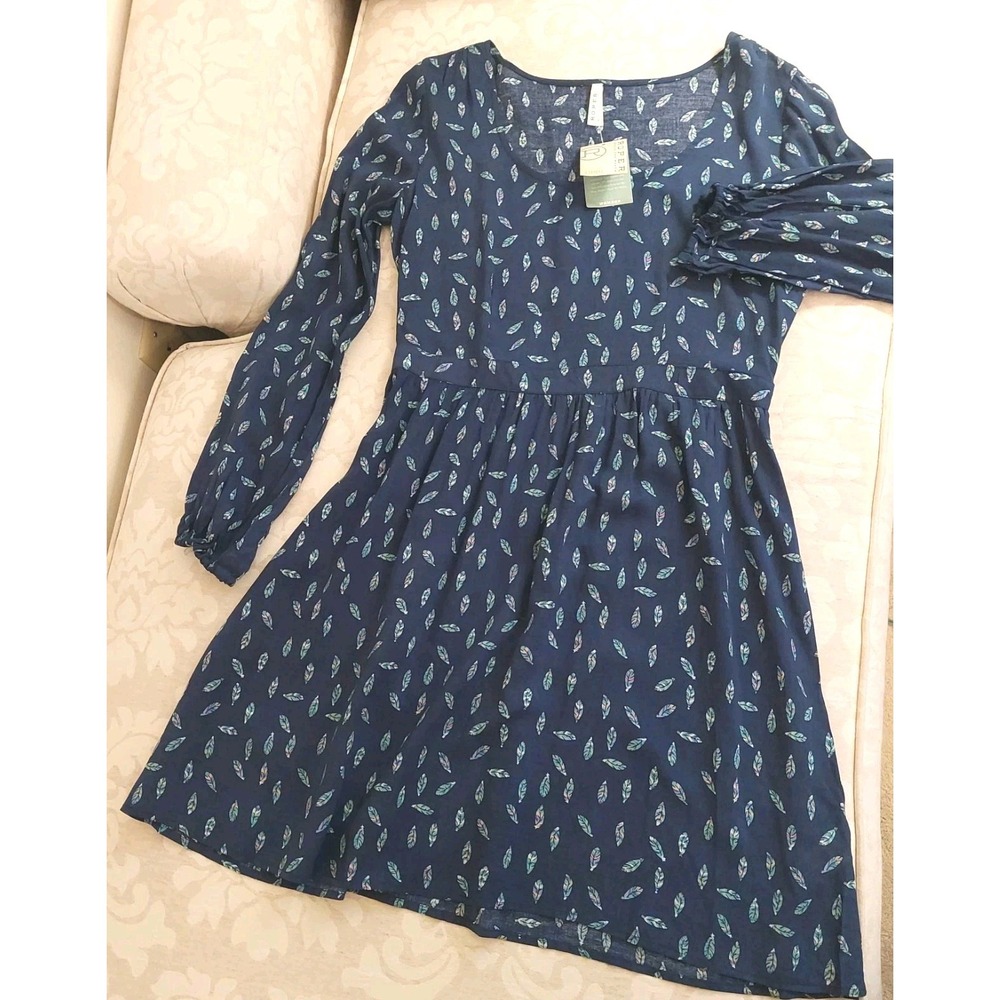 Roper 1986 Wms Ariana Feather Print L/S Dress 100% Rayon Navy & Multi Sz S NEW!